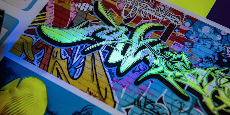 NEW Fluorescent Yellow Dry Ink shines under UV light and can be used to create a number of different Beyond CMYK effects